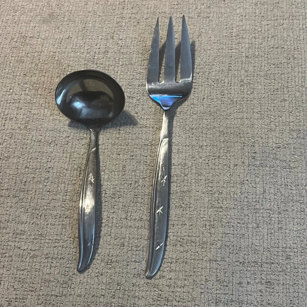 Vintage MCM Stainless Steel Starburst North Star Serving Fork & Gravy Ladle Set